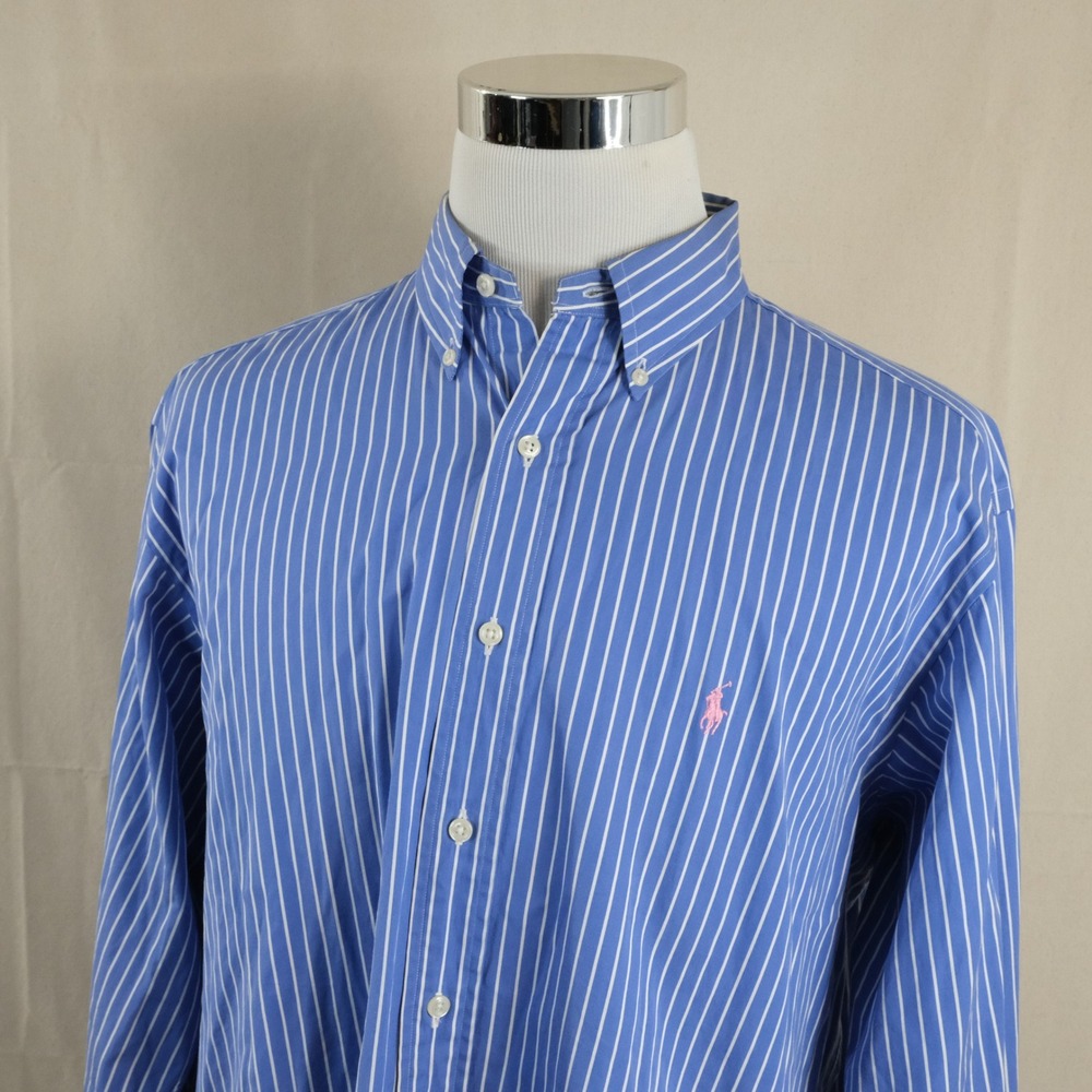 Ralph Lauren 16.5 Large Classic Fit Shirt Blue White Striped 100% Cotton Mens